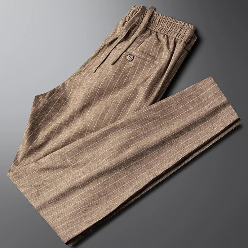 Men's casual linen striped trousers in blue gray with elastic waist and straight leg