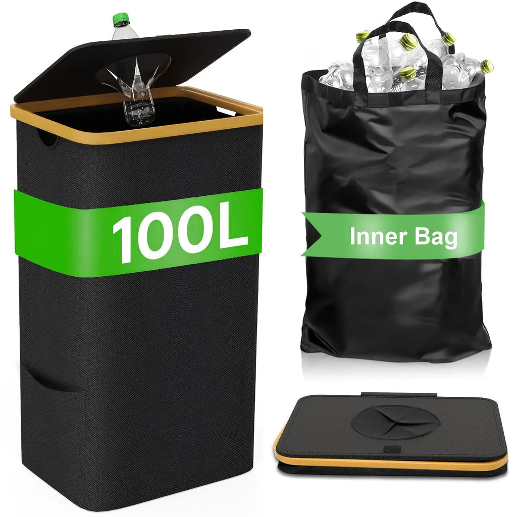 Black bamboo laundry basket with removable lid showing ventilation holes and inner storage pockets