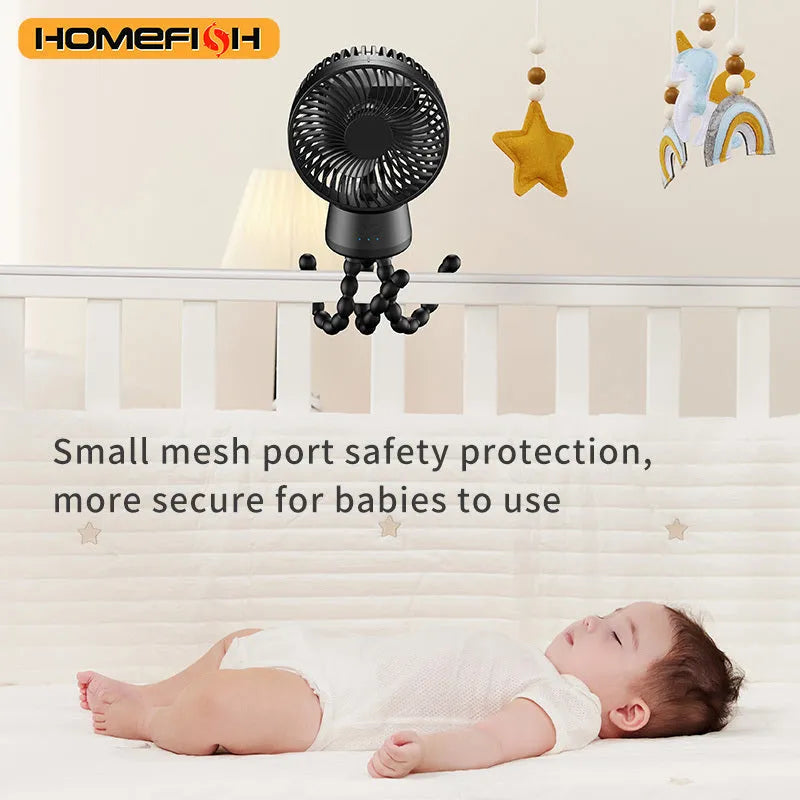 HOMEFISH F2 automatic shake head rechargeable fan with LED light and removable mounting bracket.