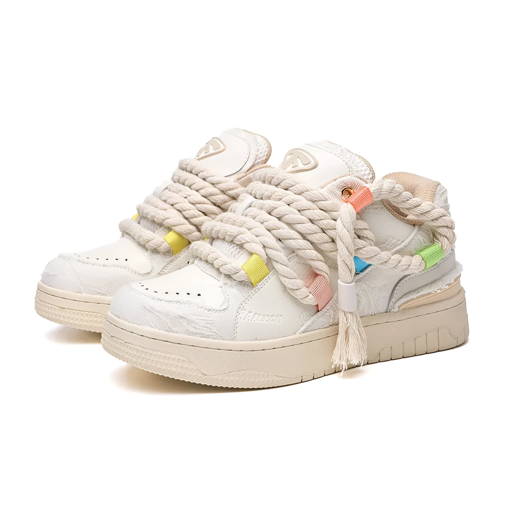 Creamy white retro skateboard trainers with old damage lace and round toe on rubber sole
