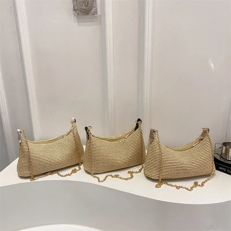 Women's woven straw crossbody bag in khaki with mobile phone pocket, 27cm width