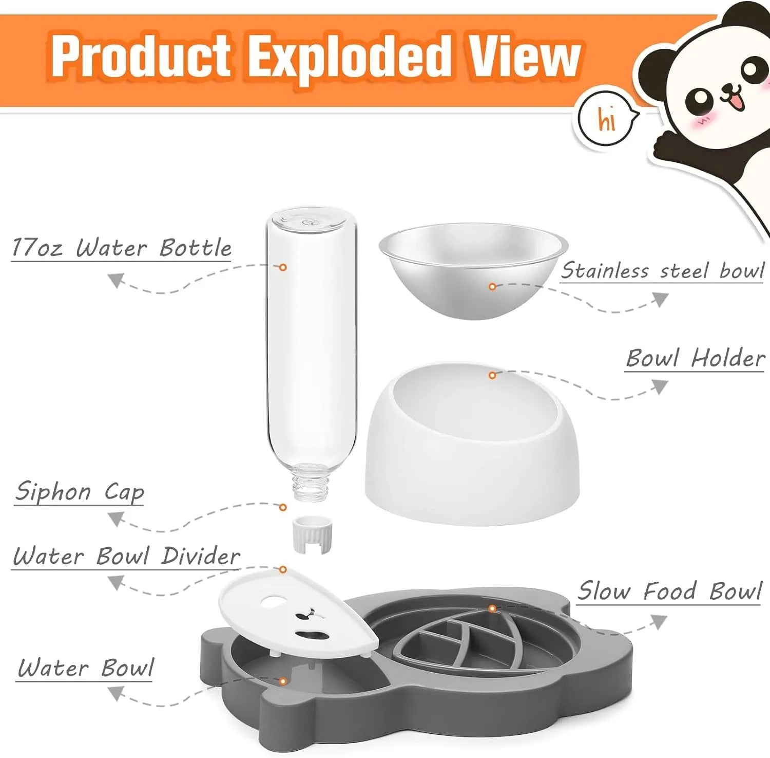 Grey panda-shaped elevated pet bowl set with automatic water dispenser and tilted stainless steel food bowl