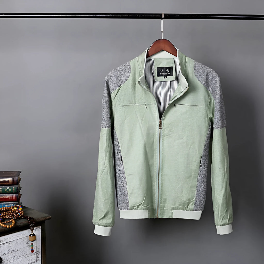 Men's heather grey thin linen jacket with a regular fit, shown on a model.