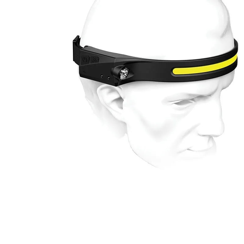 COB LED induction headlamp with wave sensor, silicone headband, USB rechargeable, 230 degree wide angle front beam and separate side LED for 100m long distance