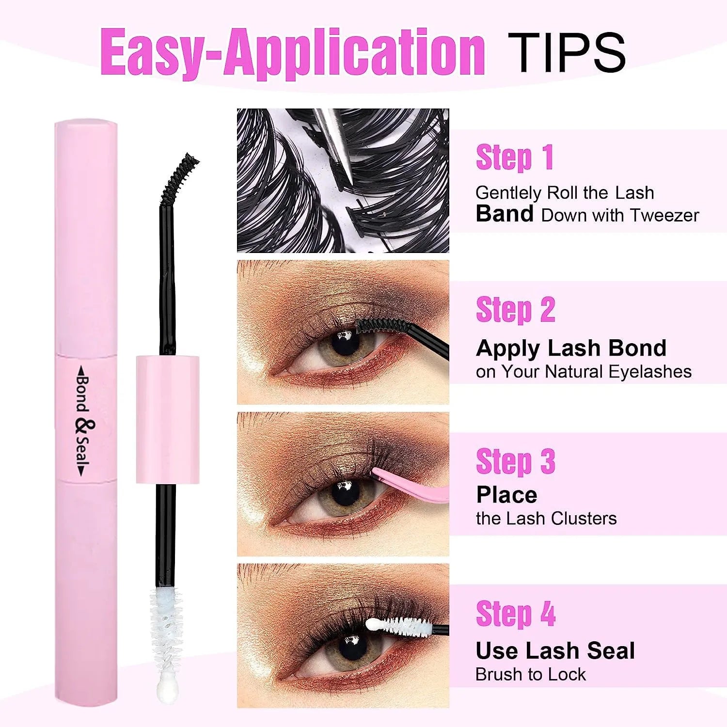 DIY mixed pack of cluster false eyelashes showing boxes of 30D, 40D, and combination lashes with tweezers.