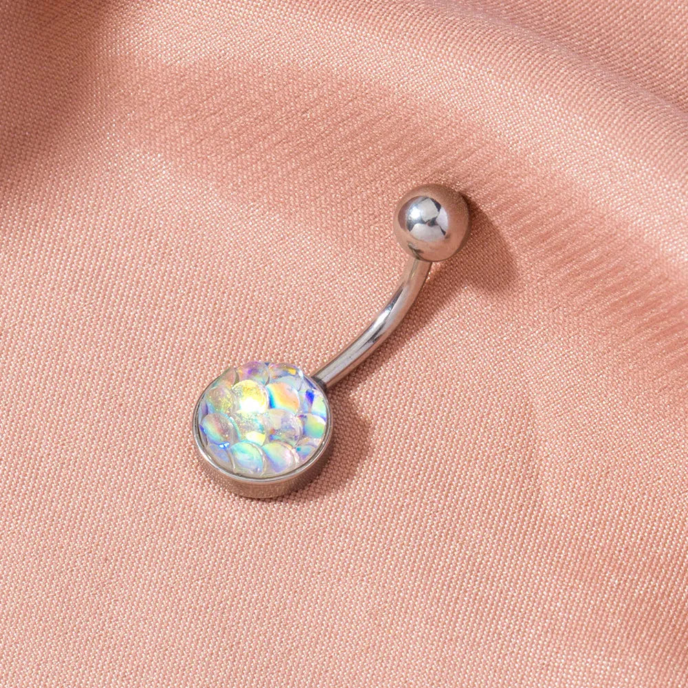 Mermaid navel zircon belly ring, stainless steel copper resin construction, width 0.9 cm height 2.2 cm, electroplated finish