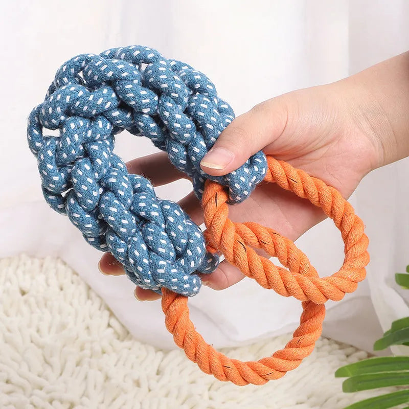 Blue double-ring braided cotton knot dog toy on white background, 37cm length