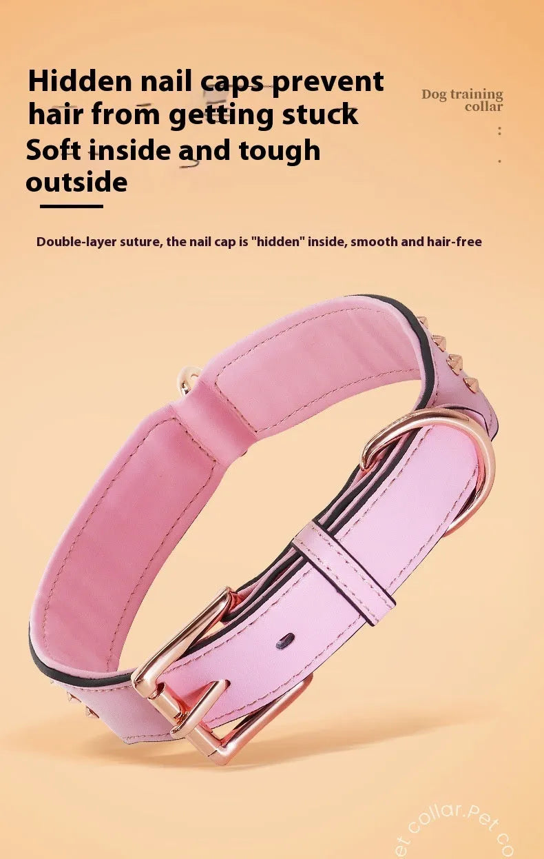 Leather dog collar with metal anti-bite rivets in black, chocolate, or pink.