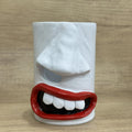 Resin tissue box holder with colourful humorous American style artwork measuring 8.5cm by 14.6cm