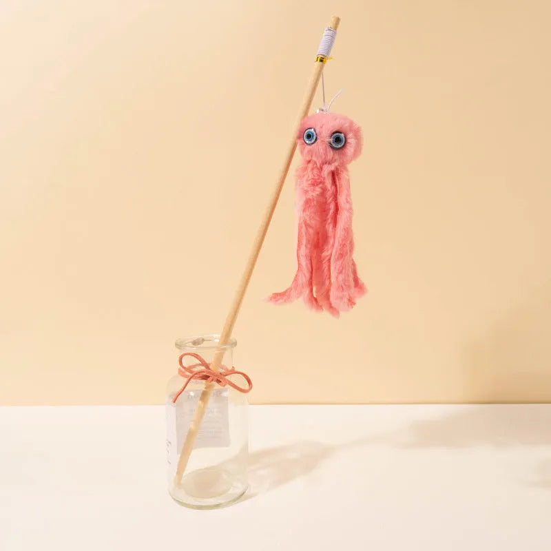 Octopus cat toy with long stick handle in bright colours for indoor kitten play