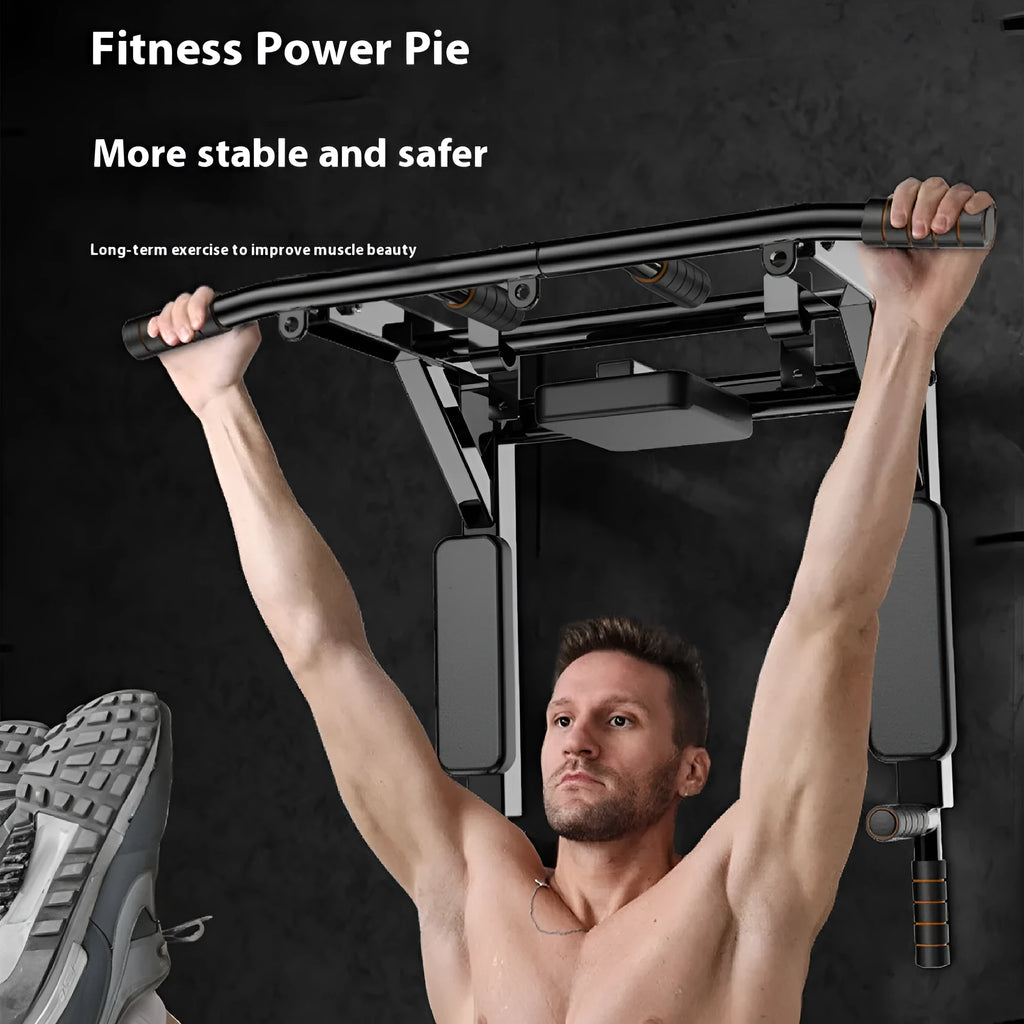 Black wall-mounted metal fitness rack with sandbag holder, parallel bars, and pull-up station.
