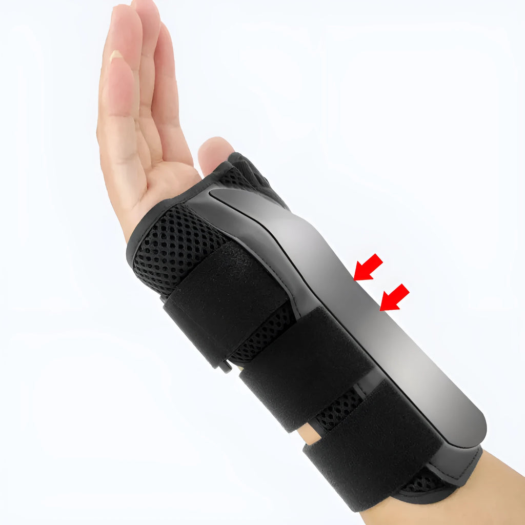 Carbon fibre sports wrist guard with thumb strap, shown in black with grey edging detail.