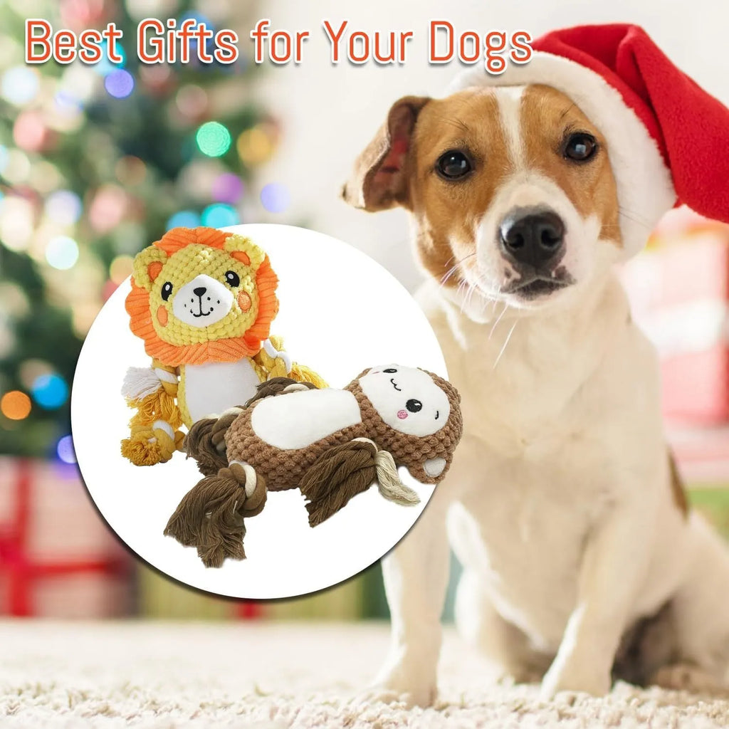 Stuffing-free squeaky plush dog toy bundle showing lion and monkey styles for medium to large dogs