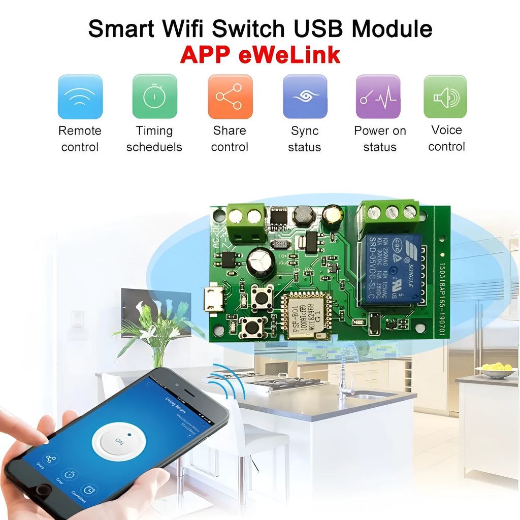 Self-locking interlock 1 way relay module with 2.4G WiFi, USB interface, 7-32V input, PCB onboard antenna