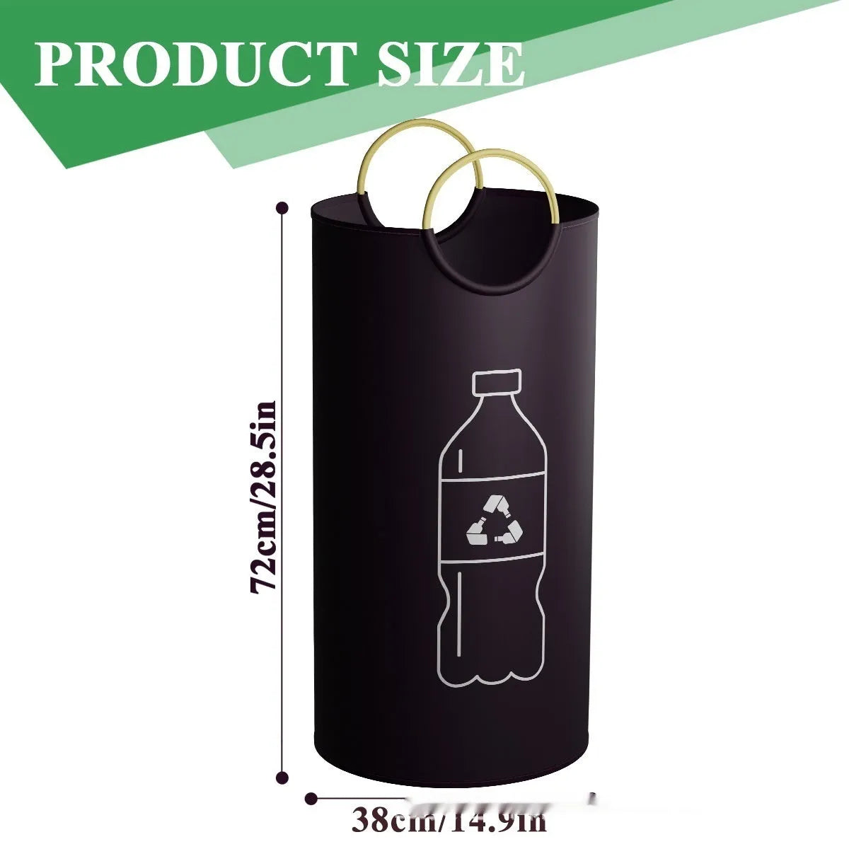 Round collapsible portable trash can with a plastic bag liner, shown next to its 38cm x 72cm dimensions.