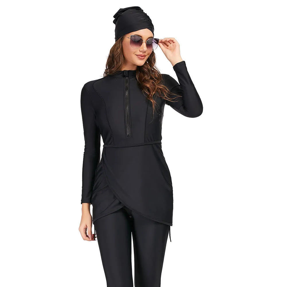 Black modest conservative swimsuit set with top and pants for Muslim ladies