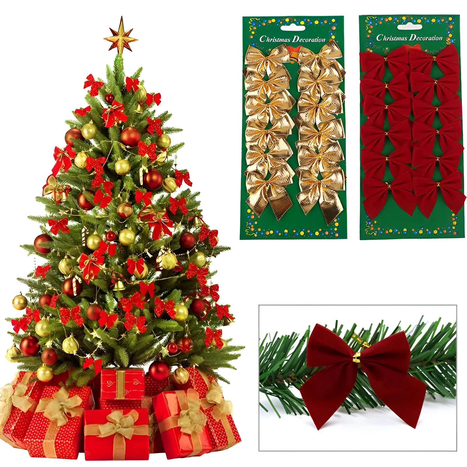 Red Christmas bow ornament made of polyester, 5 cm size, for tree or wreath decoration