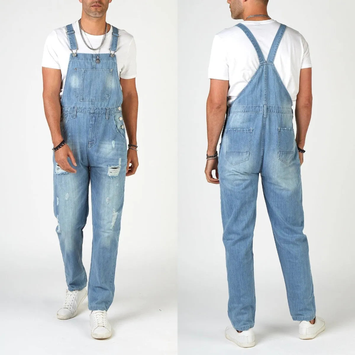 Men's light blue ripped high waist suspender jeans with button fly