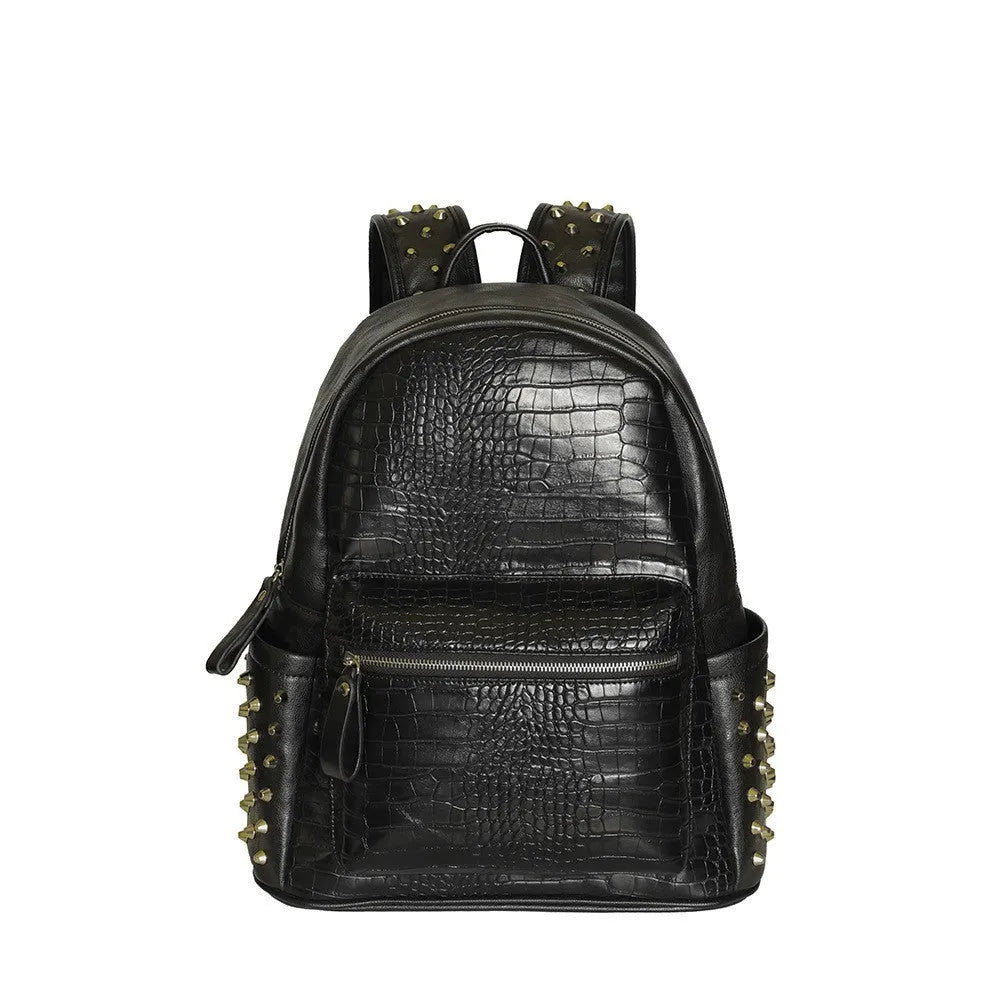 Large capacity black fashion computer schoolbag with waterproof PU leather and rivet detailing