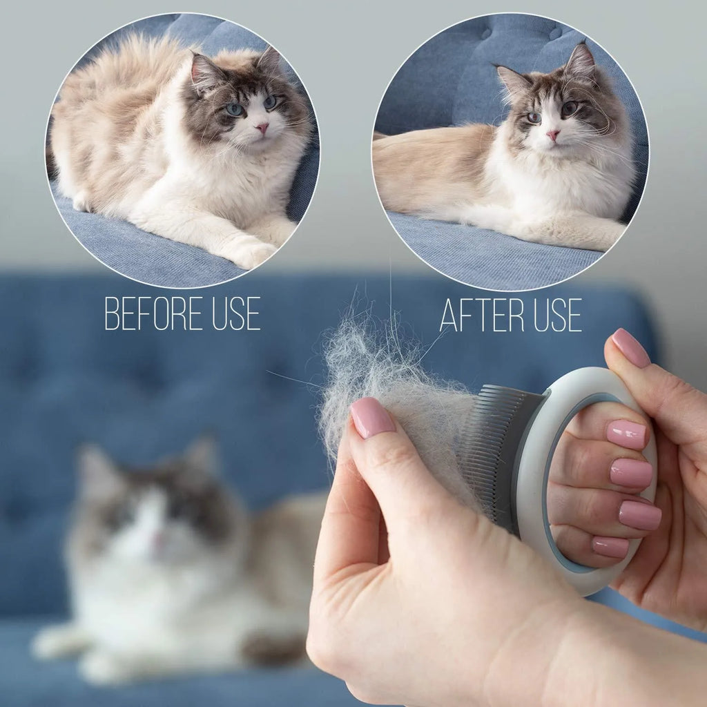 Blue plastic pet grooming comb for deshedding and dematting cat and dog hair.