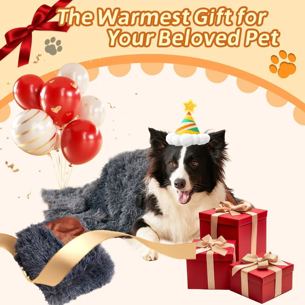 Light grey pet blanket made of velvet and long plush, with fluffy texture, on a sofa