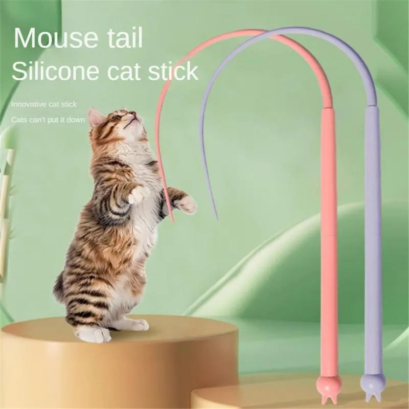 Blue simulated mouse tail cat teaser toy with long silicone tail and ABS handle on a white background.