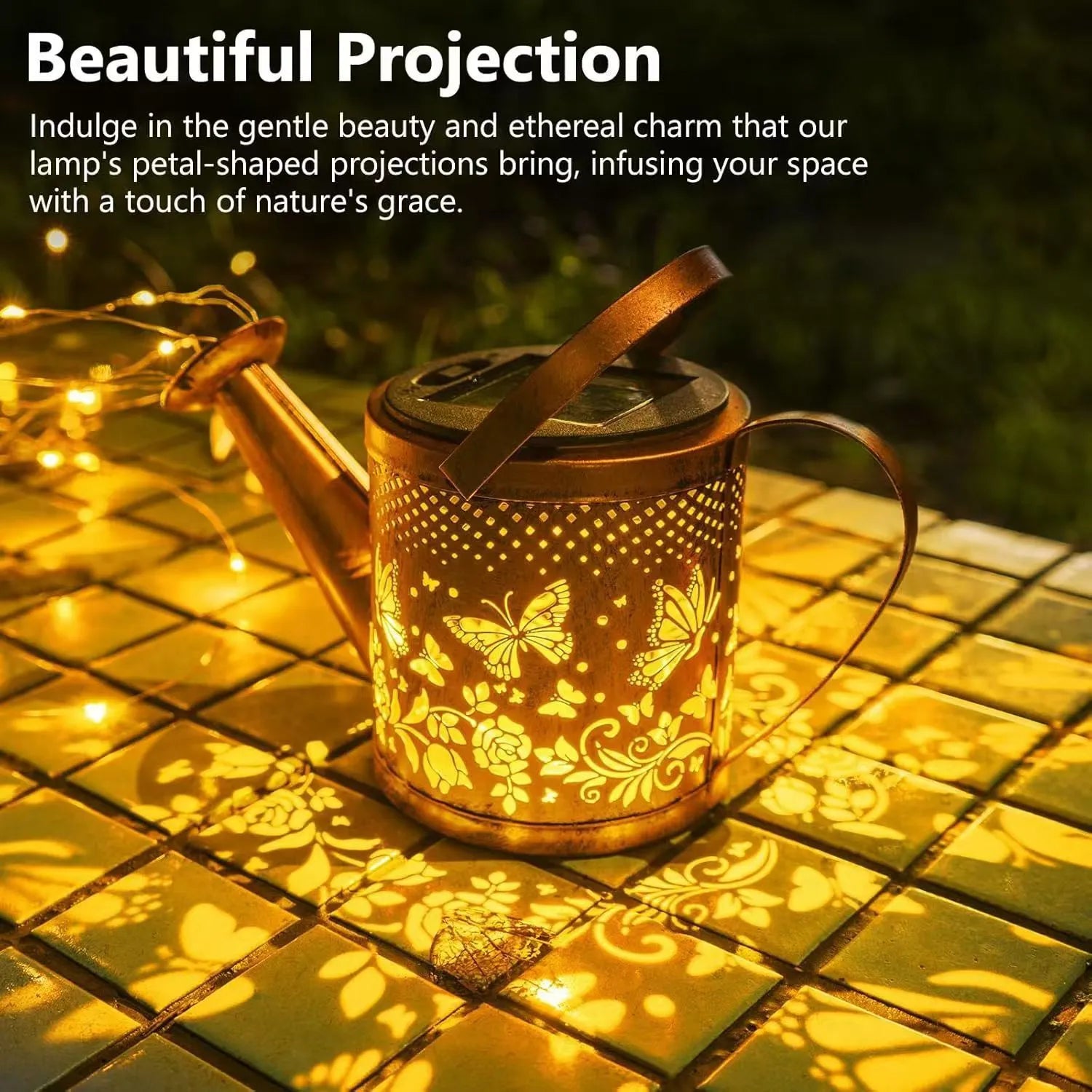 Solar kettle light in wrought iron butterfly kettle colour for outdoor courtyard decorative lighting