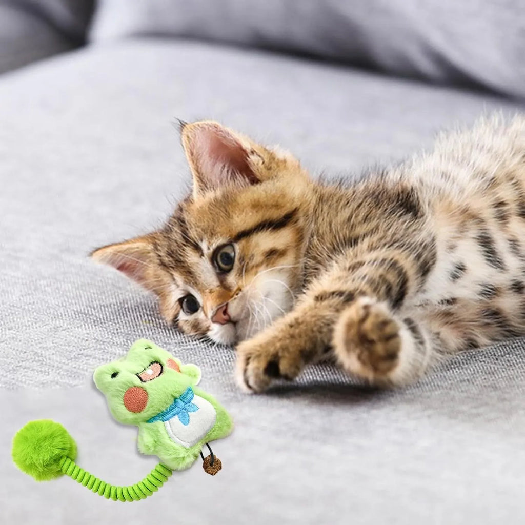 4-in-1 cat toy with plush animal, silvervine fruit, stretchable spring and fuzzy ball on white background