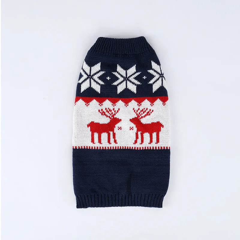 Navy blue knitted Christmas sweater for dogs on model showing European American style