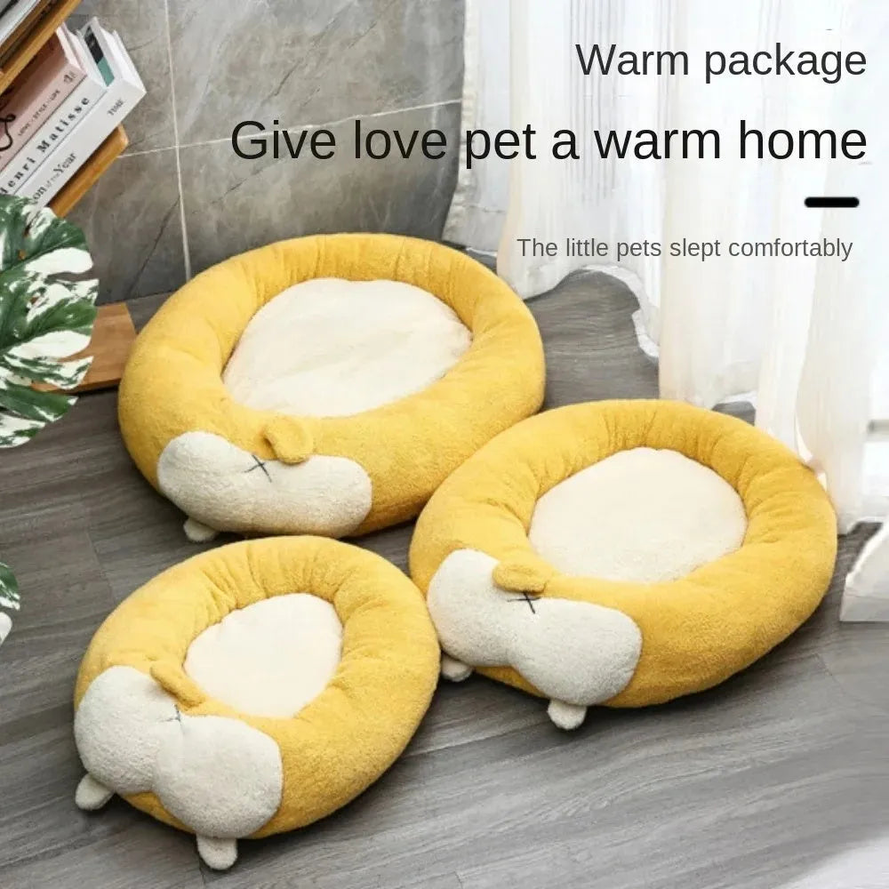 Corgi shaped soft plush pet bed for dogs and cats with PP cotton filling on a floor