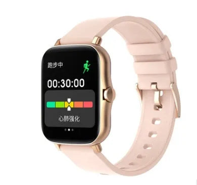 Blue smart sports watch with 1.7-inch touchscreen display showing heart rate monitoring interface