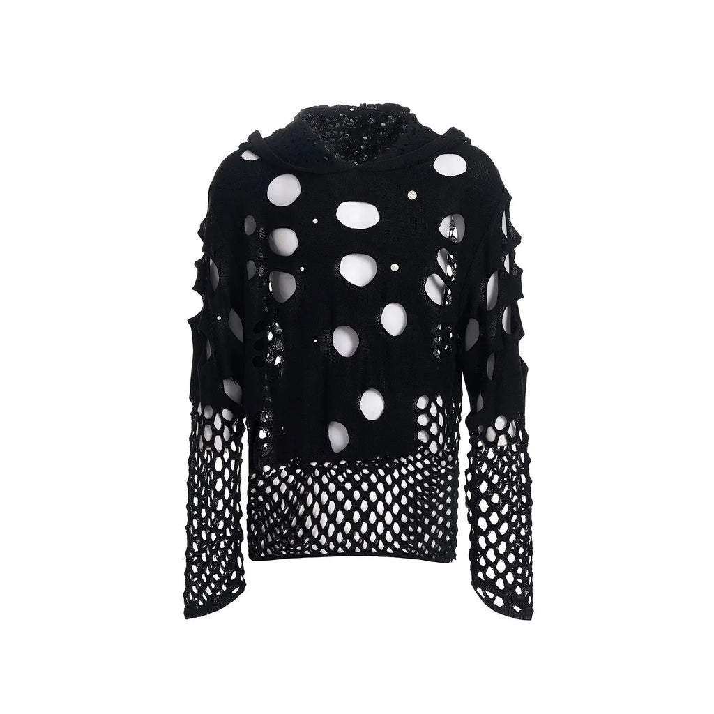 Men's loose fit black hooded sweater with pearl decoration on the front.