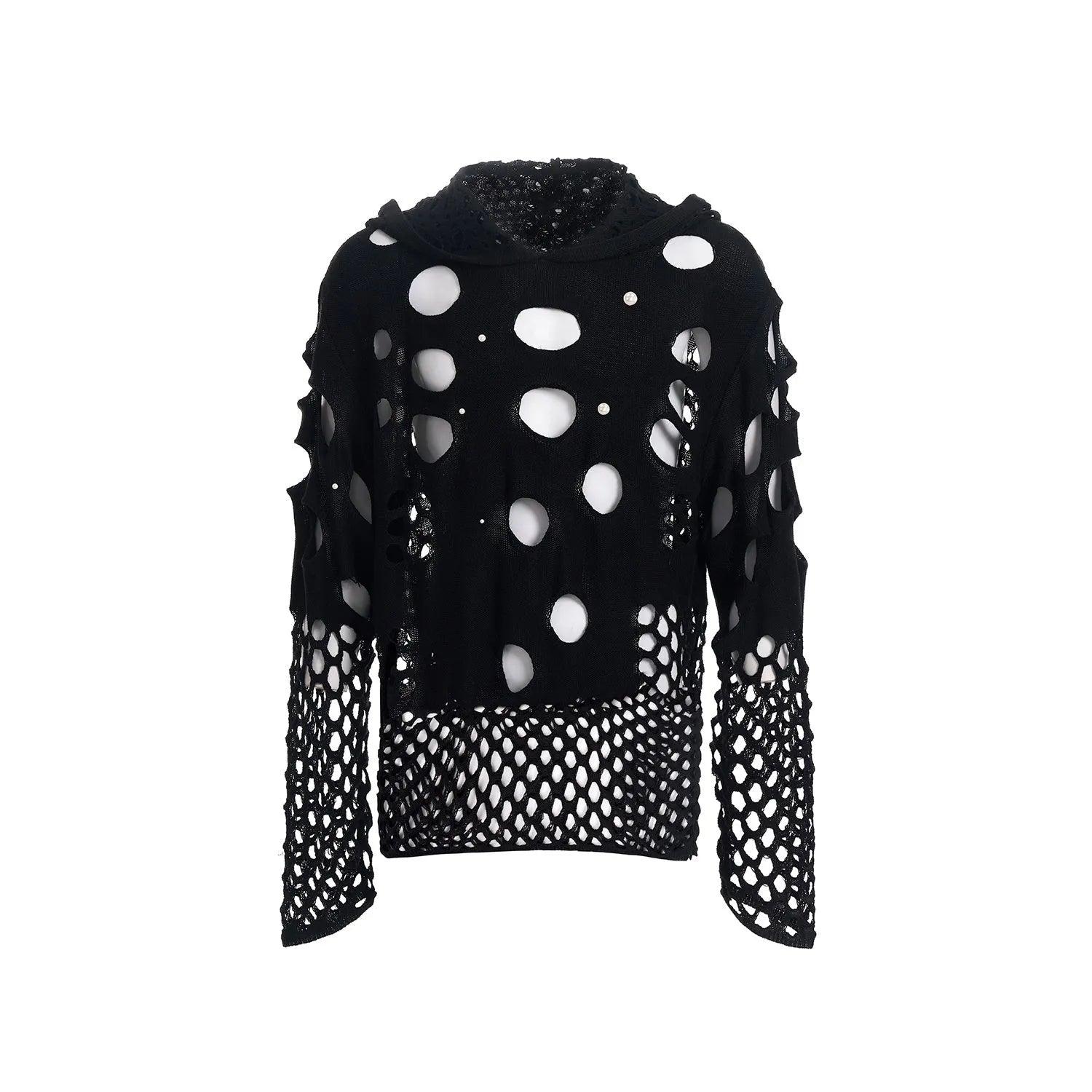 Men's loose fit black hooded sweater with pearl decoration on the front.