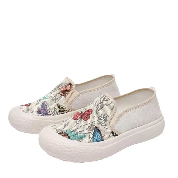 Old Beijing slip-on soft bottom canvas shoes for women – round toe cloth shoes in white with injection moulded sole