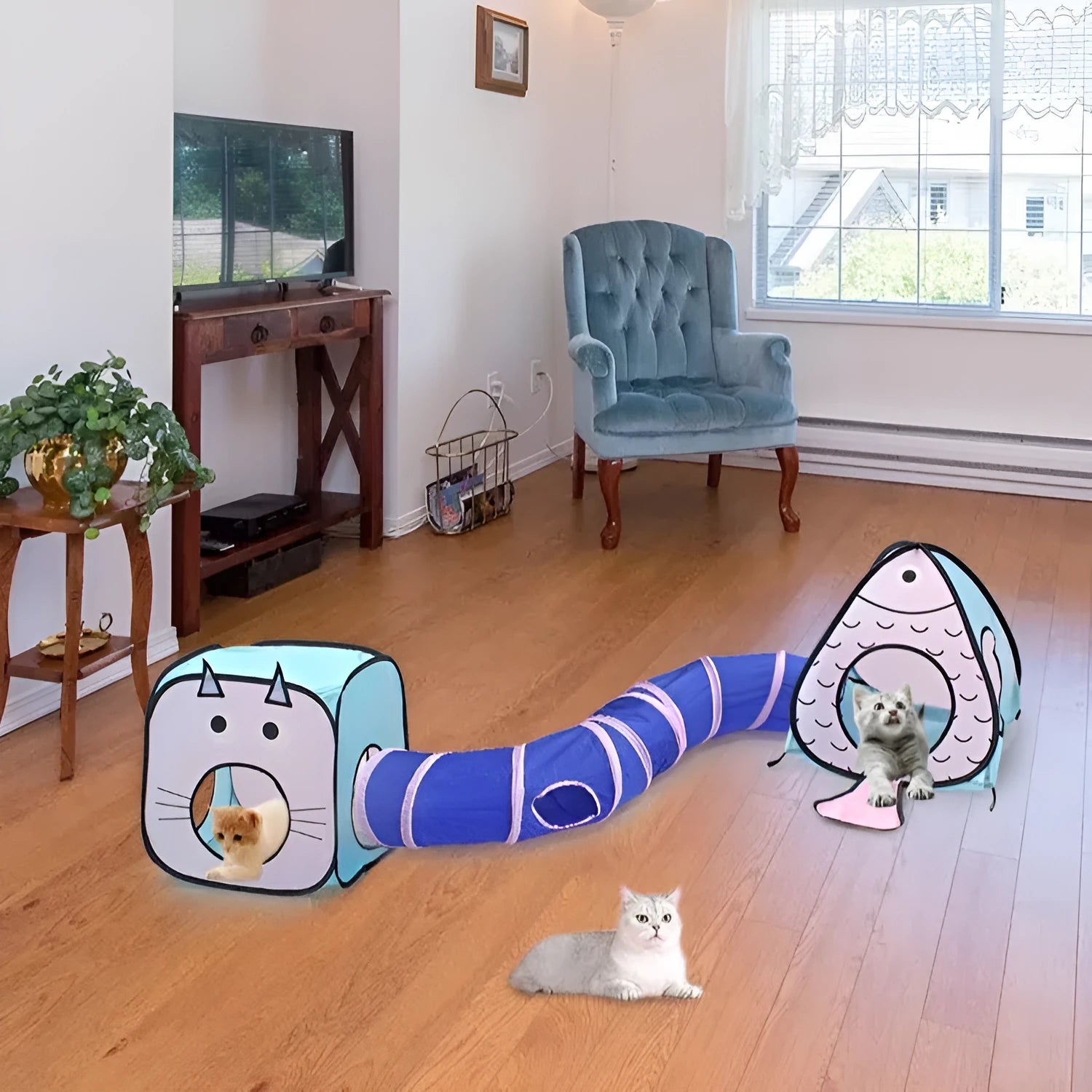 Foldable cat tent tunnel toy with three-piece cat and fish design in PP material