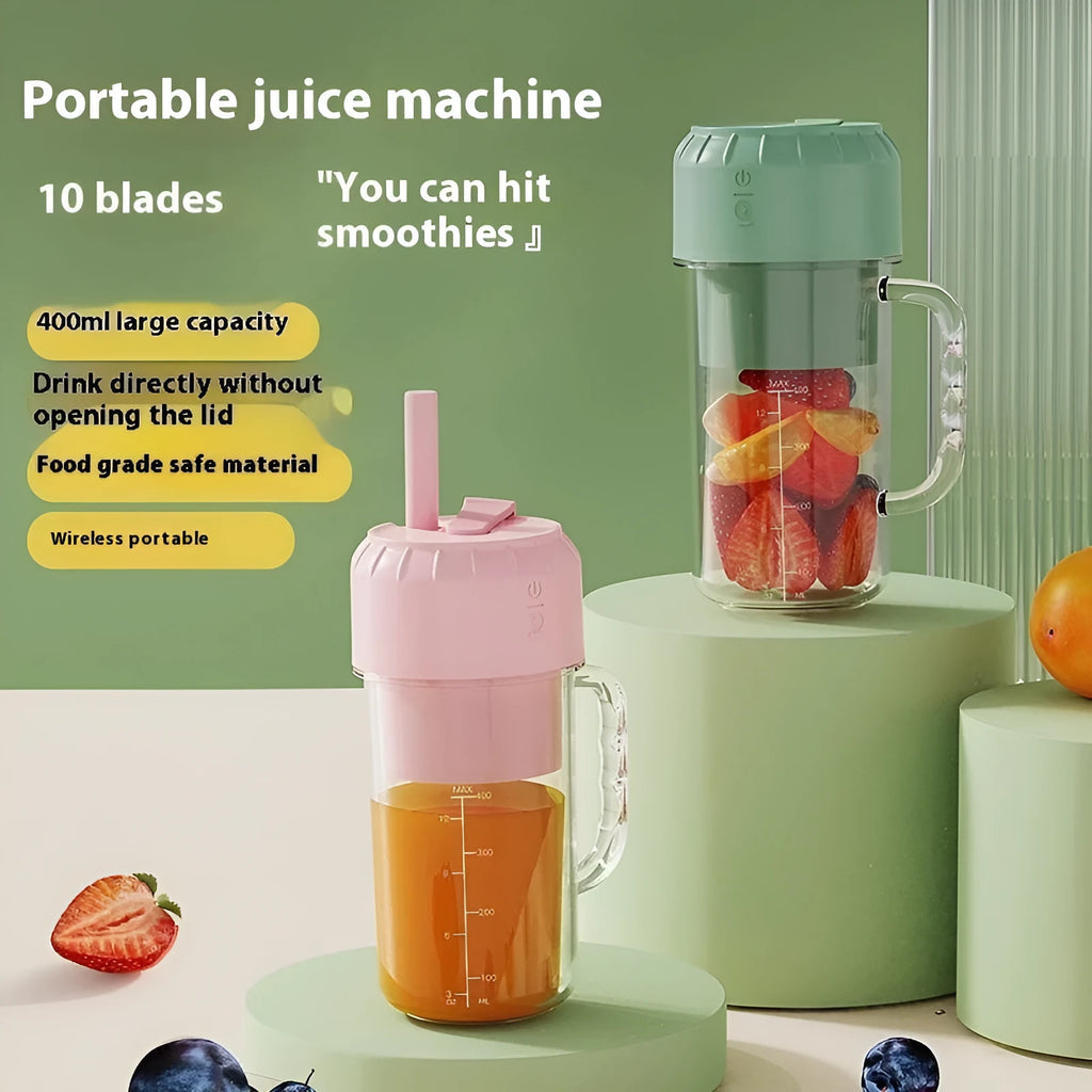 Portable USB charging juicer in avocado green or cherry blossom pink with 150W motor