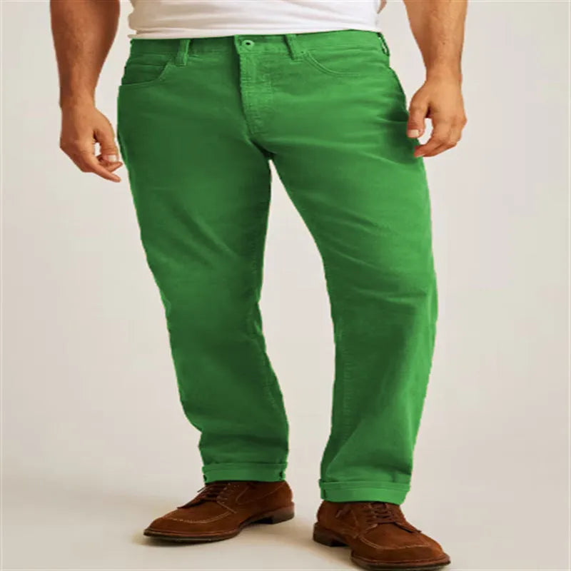 Cotton blend corduroy straight-leg trousers in green, army green, white, and khaki colours
