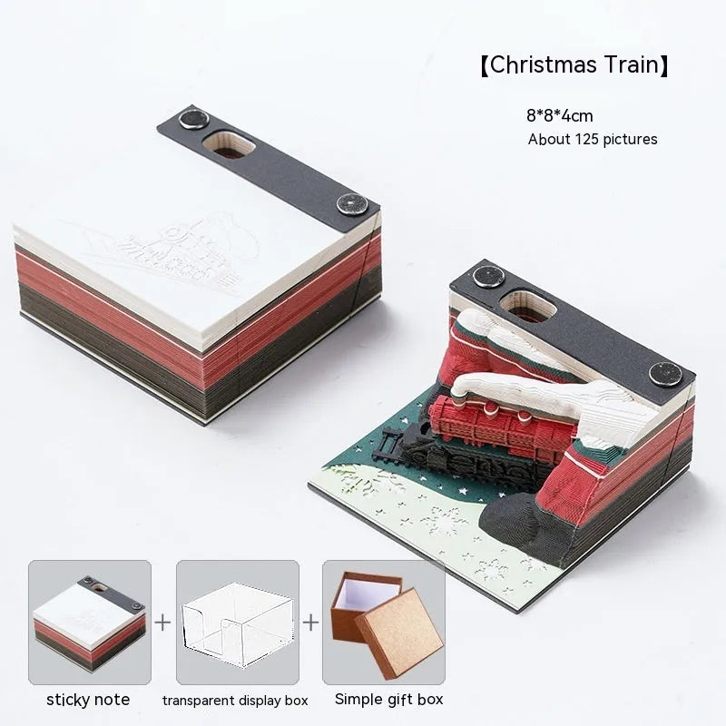3D paper carving sticky notes with Qingshui Temple design and Christmas Train cover
