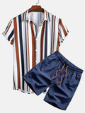 Men's short-sleeved digital print cardigan and matching shorts casual suit set.