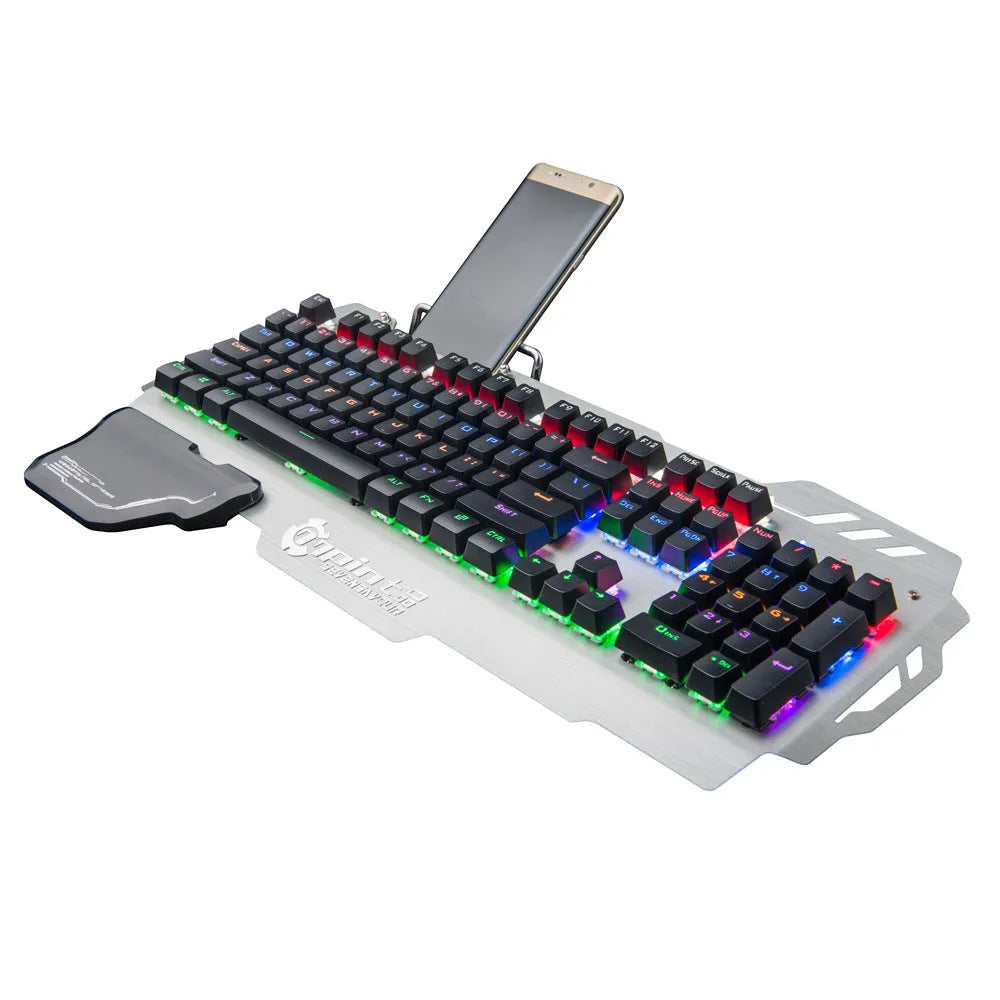 Silver Green Axis wired gaming keyboard with metal panel and wrist splint on desktop