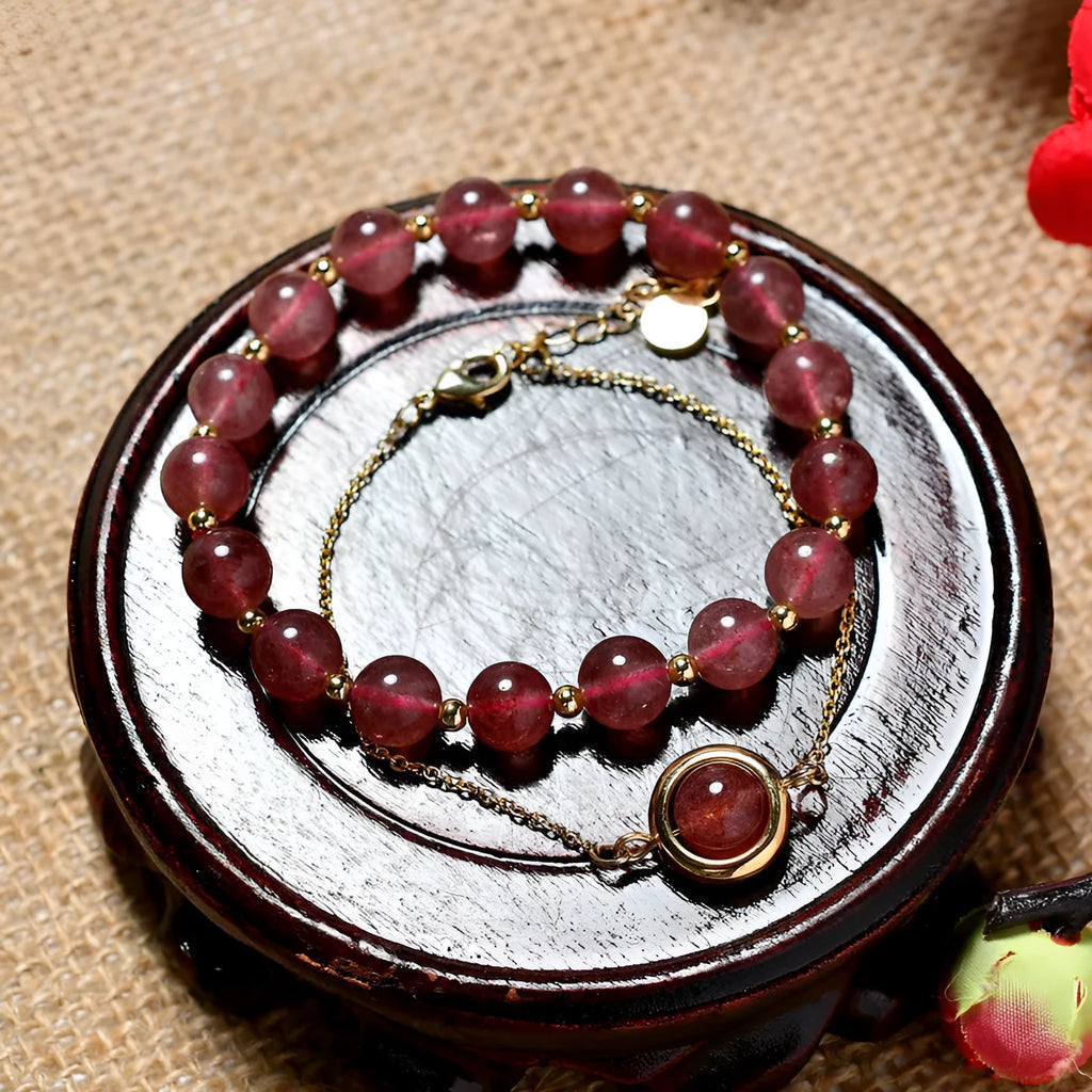 Double-layer strawberry crystal bracelet with lucky beads on copper with electroplated real gold finish