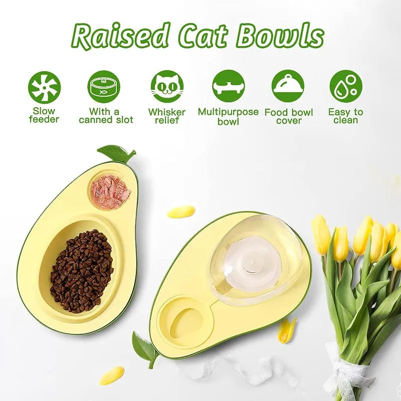Avocado-shaped automatic water pet feeder with a green water reservoir and a pink slow food bowl on a white surface