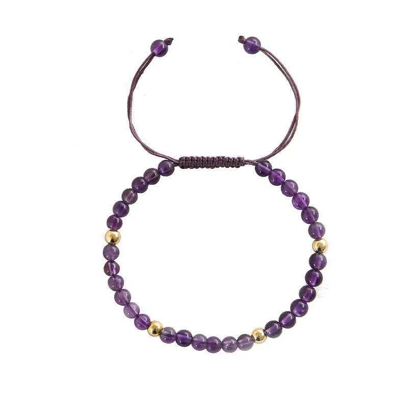 Handmade 4mm natural amethyst bracelet with 14K gold plating, purple crystal beads, unisex geometric design