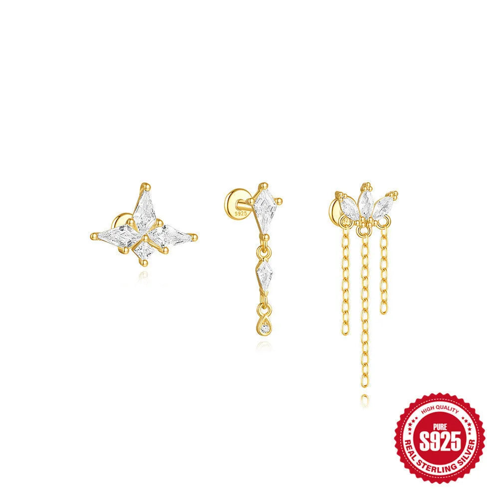 S925 sterling silver geometric kite earring with rhinestone chain tassel in gold colour.