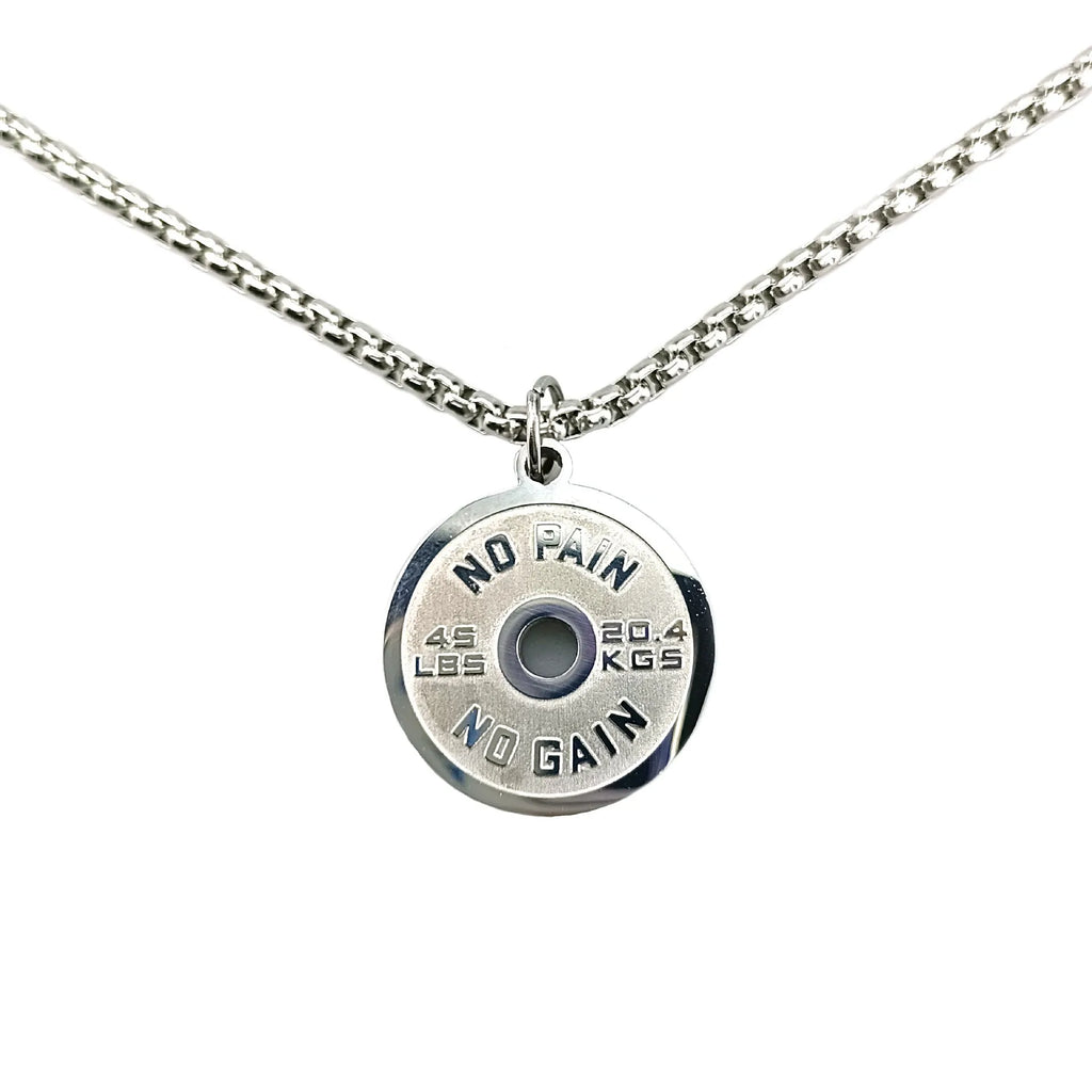 Polished stainless steel barbell disc pendant on a 60cm chain, showing geometric fitness jewellery design.