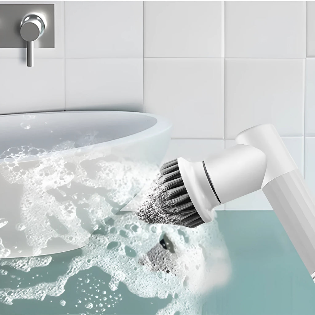 Electric cleaning brush with 6 brush heads in white and warm colour for bathroom and kitchen use