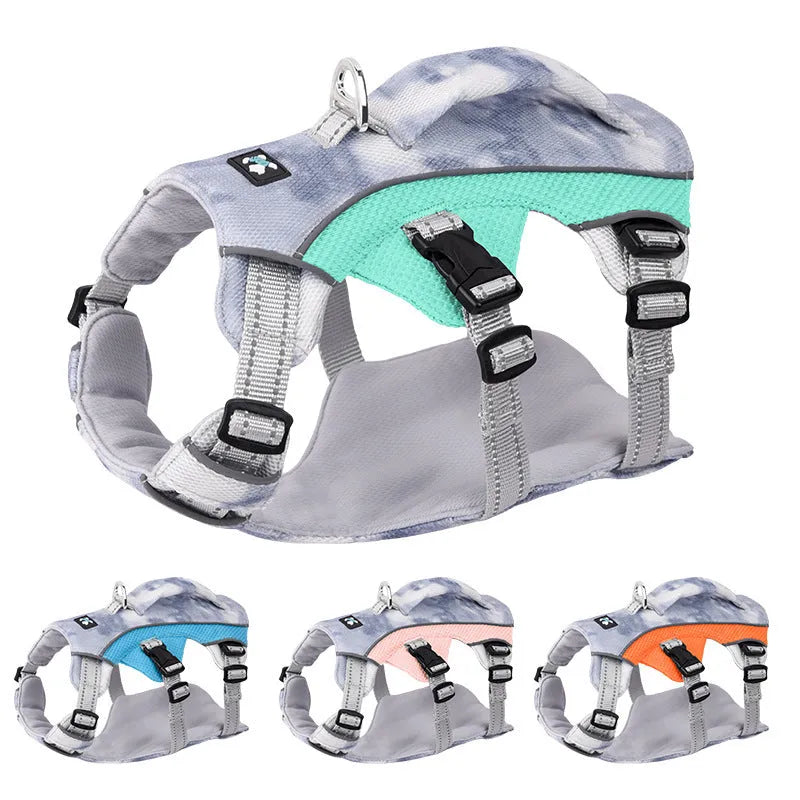 Reflective pet cooling chest strap harness in light blue, pink, dark blue, or orange.