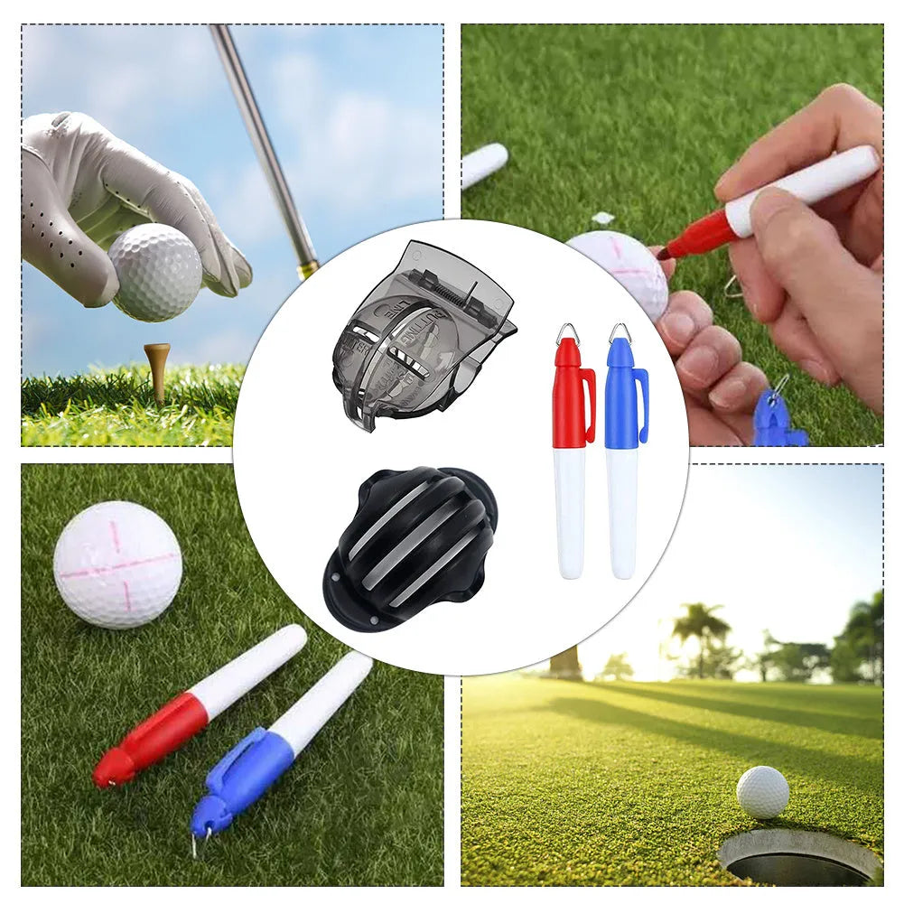Golf ball line drawing supplies kit with pen package, two alignment tools and markers, clip attached to golf bag