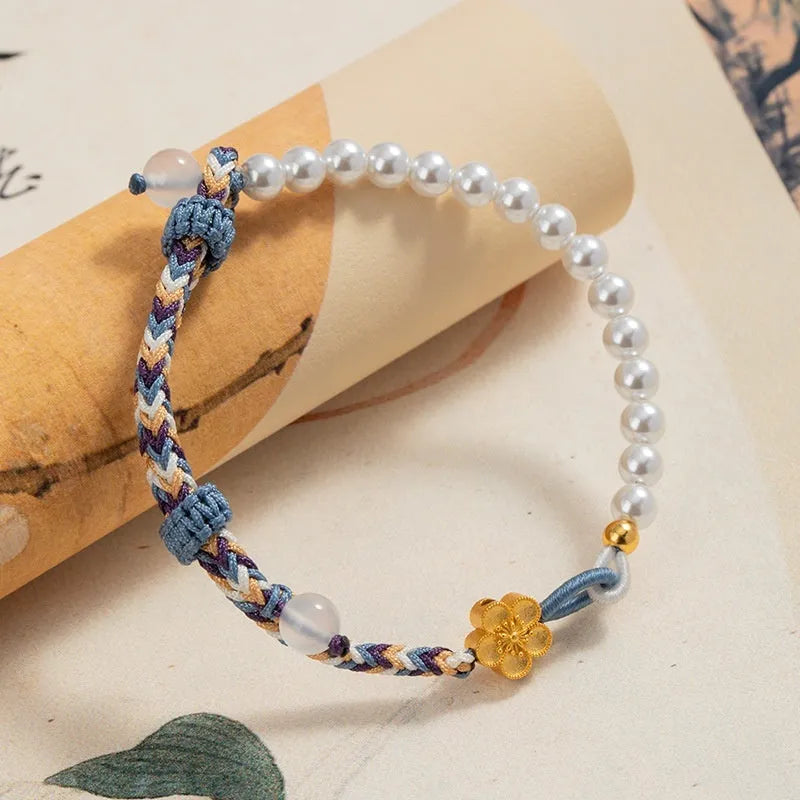 Peach-coloured chalcedony carrying strap bracelet with Chinese flower weaving and pearl accents