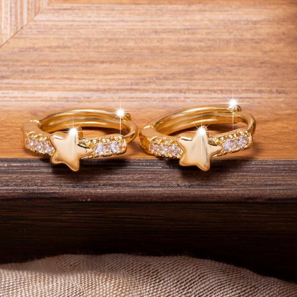 Gold copper geometric five-pointed star earrings with inlaid zircon for women